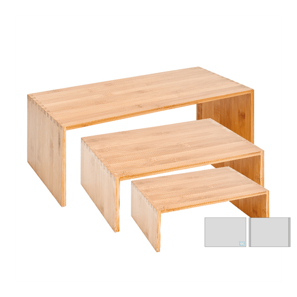 3 expositores elevados de diferentes tamaños para buffet de bambú